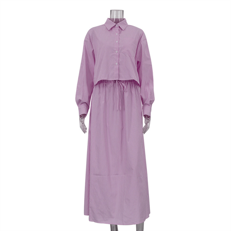 Commuter Striped Long Sleeve Lapel Top Shirt Loose Lace up Large Swing Skirt Two piece Set Pink - Shop at LoveMi