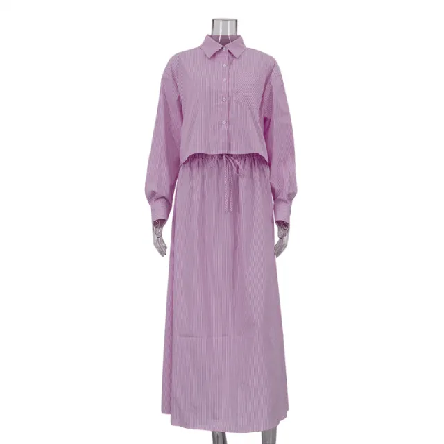 Commuter Striped Long Sleeve Lapel Top Shirt Loose Lace up Large Swing Skirt Two piece Set Pink - Shop at LoveMi
