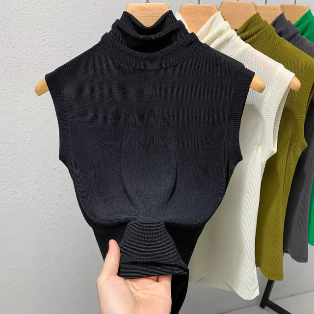 Ladies New Turtleneck Grenadine Solid Color Waist Tight Sleeveless Top Black - Shop at LoveMi