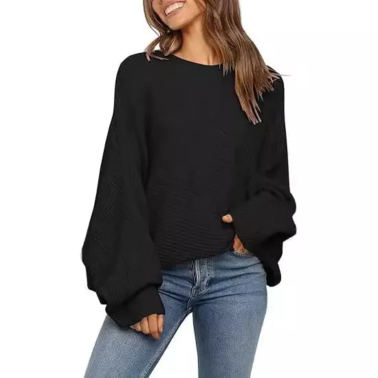 Round Neck Solid Color Loose Sweater Top Leisure Pullover Black - Shop at LoveMi