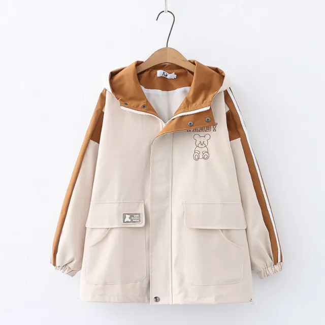 Cartoon Bear Embroidery Hooded Coat For Women Khaki - Shop at LoveMi