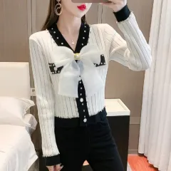 Fashion V-neck Bow Knitted Coat Women's Top - White - View 1