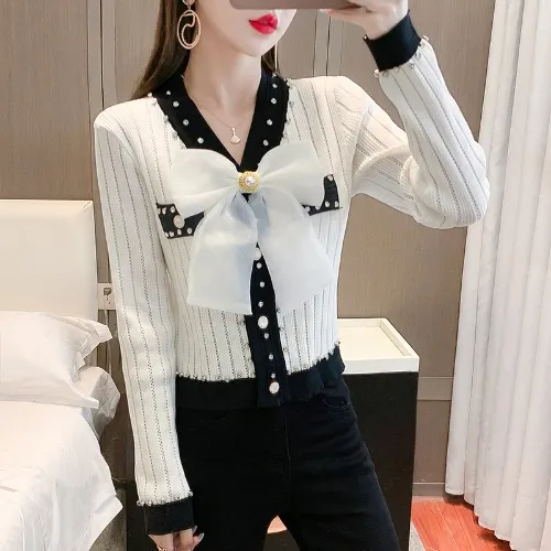 Fashion V neck Bow Knitted Coat Women's Top White - Shop at LoveMi