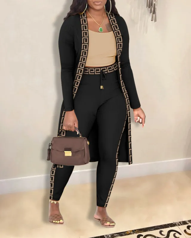 Women's Fashion Printed Coat Trousers Three piece Suit Black 2 - Shop at LoveMi