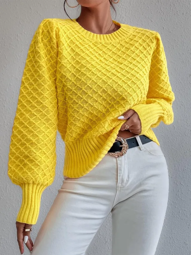 Round Neck Pullover Long Sleeve Sweater Yellow - Shop at LoveMi