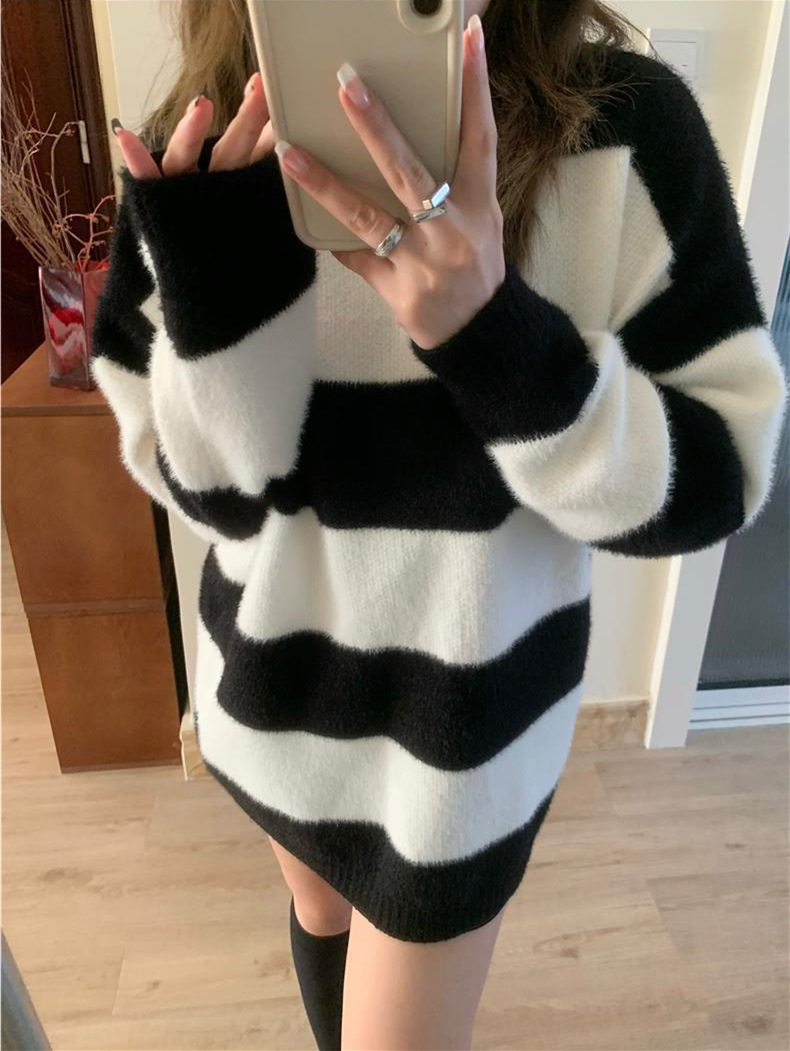 Loose Black And White Striped Color Matching Knitted Pullover Top White - Shop at LoveMi