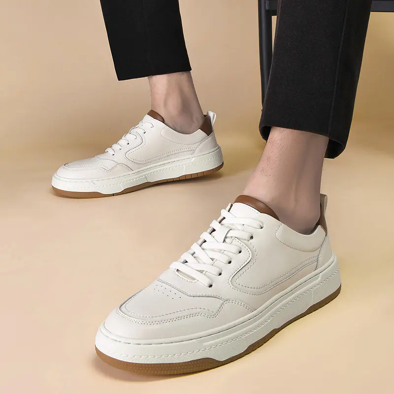 White Men's Two-layer Cowhide Autumn Sneaker Korean Fashion Casual