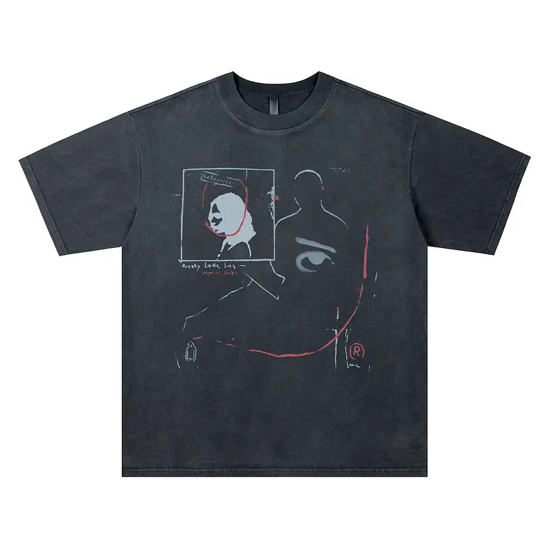 Washed And Worn Design Faded Illusory Face Print Short Sleeve Loose