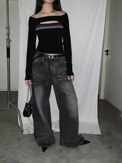 Old Retro Washed High Waist Wide Leg Denim Casual Trousers - Black - View 1