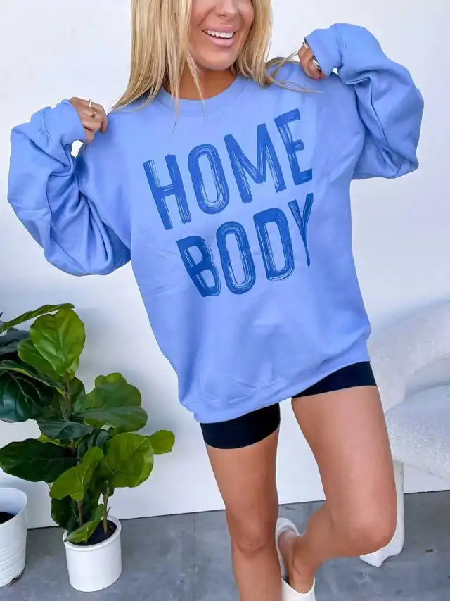 New Loose Letter Print Round neck Sweatshirt For Women Blue - Shop at LoveMi