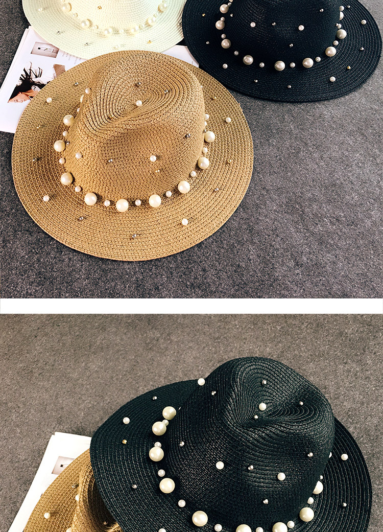 Title 2, Outdoor Beach Flat Brim Straw Pearl Beaded Hat