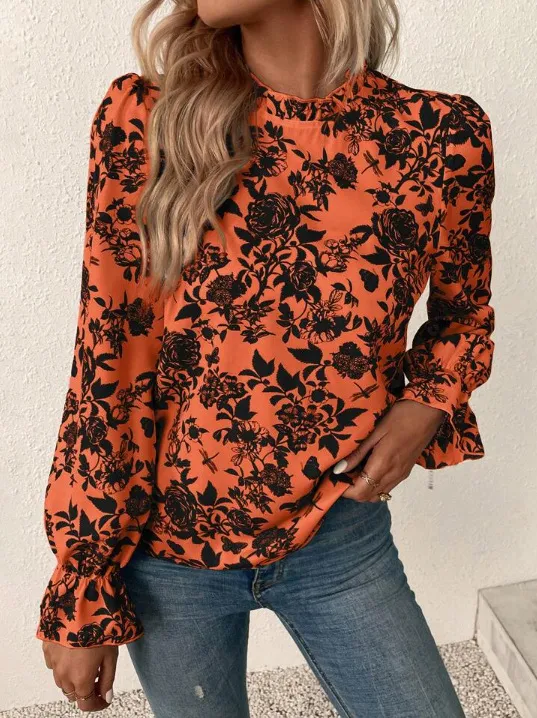 All-matching Loose And Elegant French Printed Women's Shirt - Black
