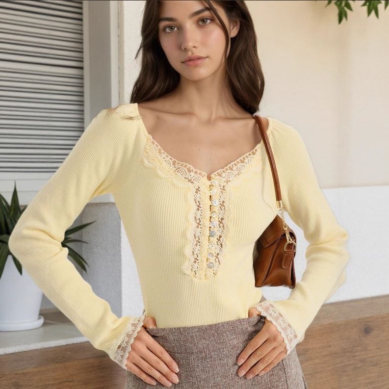 Womens Top With A French Lace-trimmed Collar And Buttons