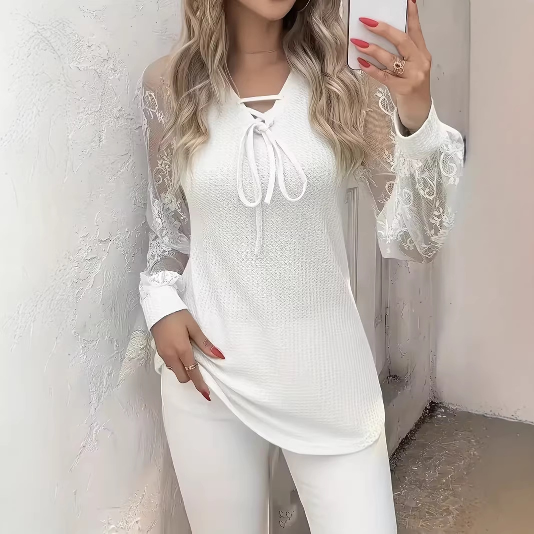 Womens V-neck Long-sleeve Lace-panel Top