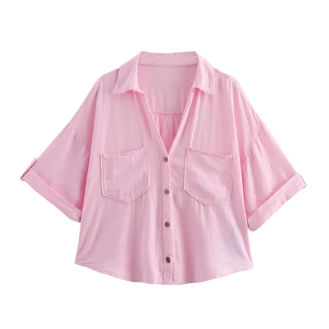 Retro Style Fashionable All match Lapel Single Breasted Short Top Pink - Shop at LoveMi
