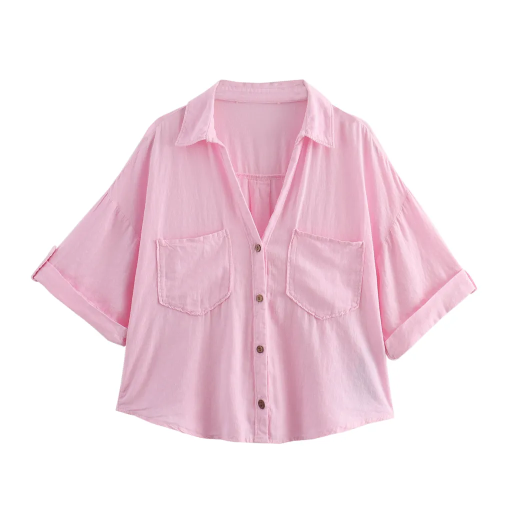 Retro Style Fashionable All-match Lapel Single Breasted Short Top - Pink