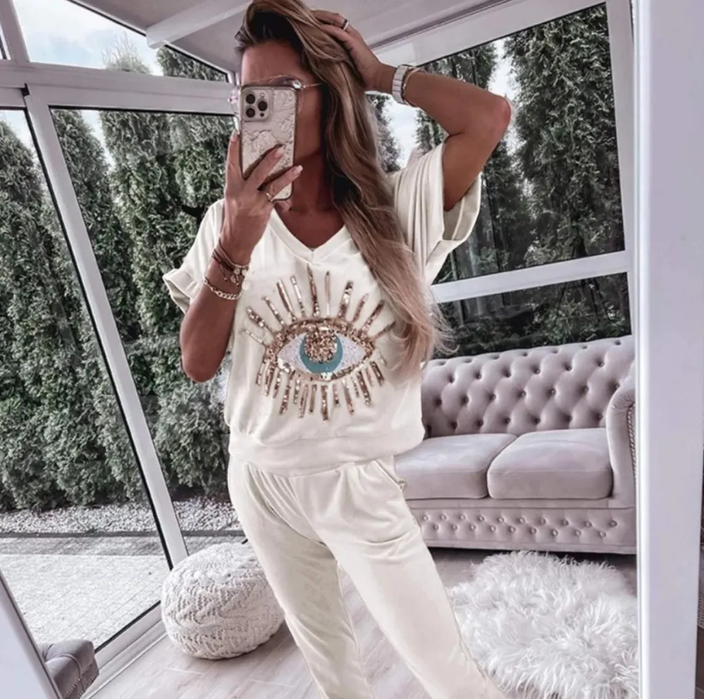 European And American Evil Eye Sequined Pattern Short-sleeved Trousers Fashion Casual Set - White