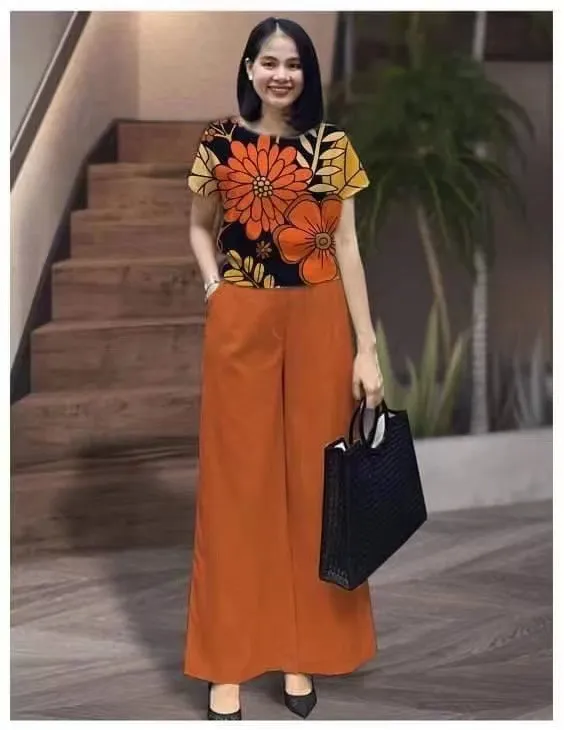 Cross border Suit Summer Fashion Solid Color Plus Size Loose Short Sleeve Printed Trousers Two piece Set Orange Red - Shop at LoveMi