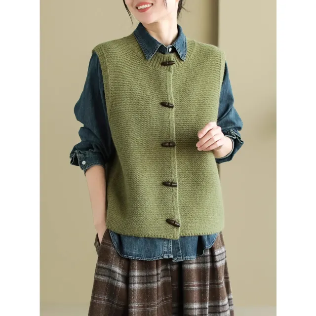 Women's Sleeveless Round Neck Horn Button Top Green - Shop at LoveMi