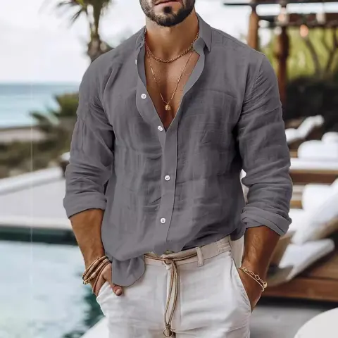 Men's Solid Color Cotton Linen Shirt Casual Style Long