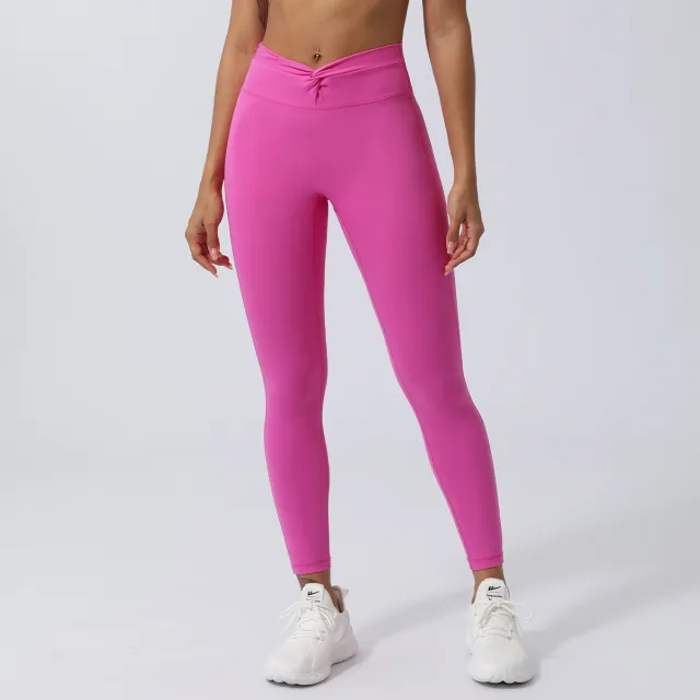 Kinky V shaped Peach Hip Belly Contracting Sports Ninth Pants Outdoor Running Fitness Tights Pink - Shop at LoveMi