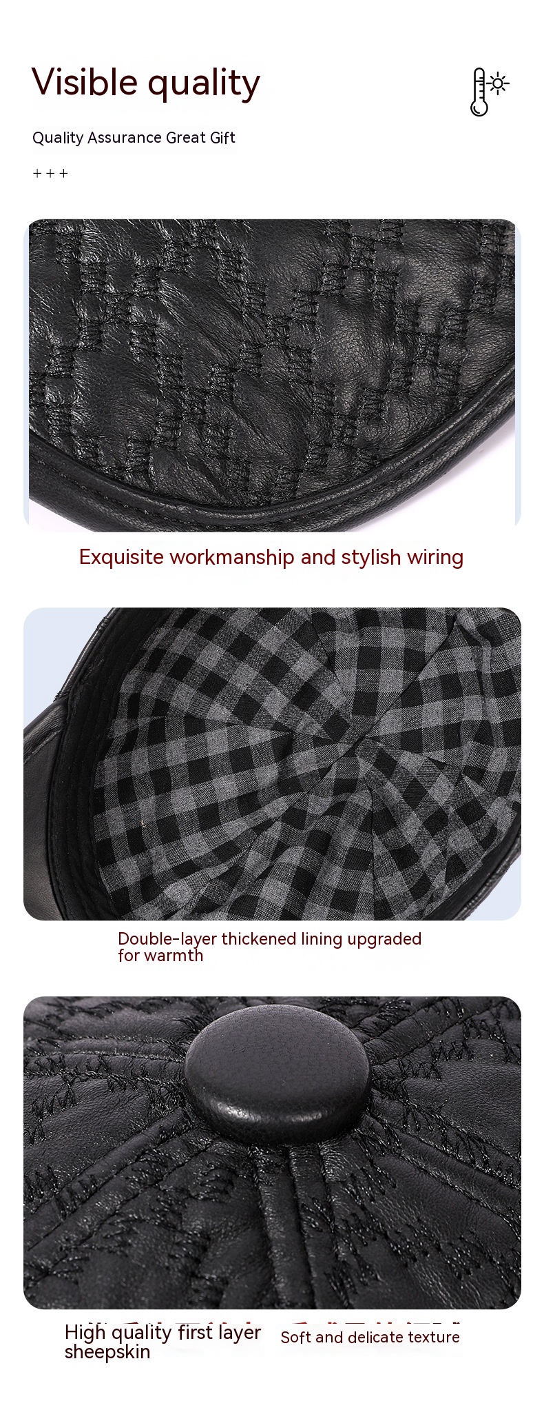 Full-grain Sheepskin Korean Style Small Plaid Hat Men — foto 10