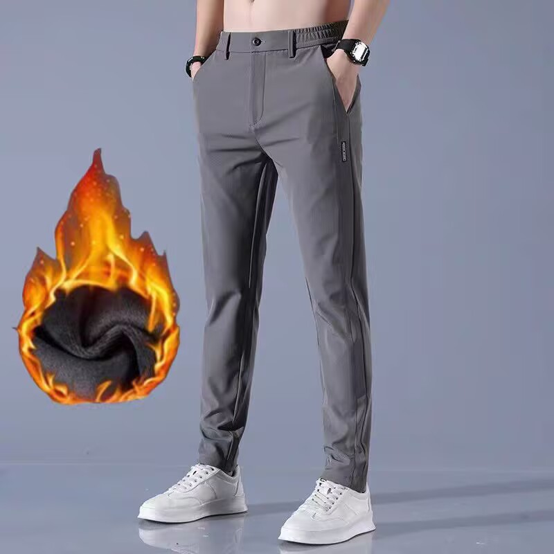 Mens Ice Silk All-Match Elastic-Waist Casual Pants With Fleece Lining For Autumn