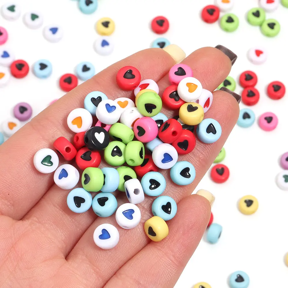 Acrylic Flat Round Colored Loving Heart Beads