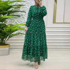 Women's Middle East Muslim Chiffon Flower Smocking Long Fashion Elegant Dress - Dark Green - View 1