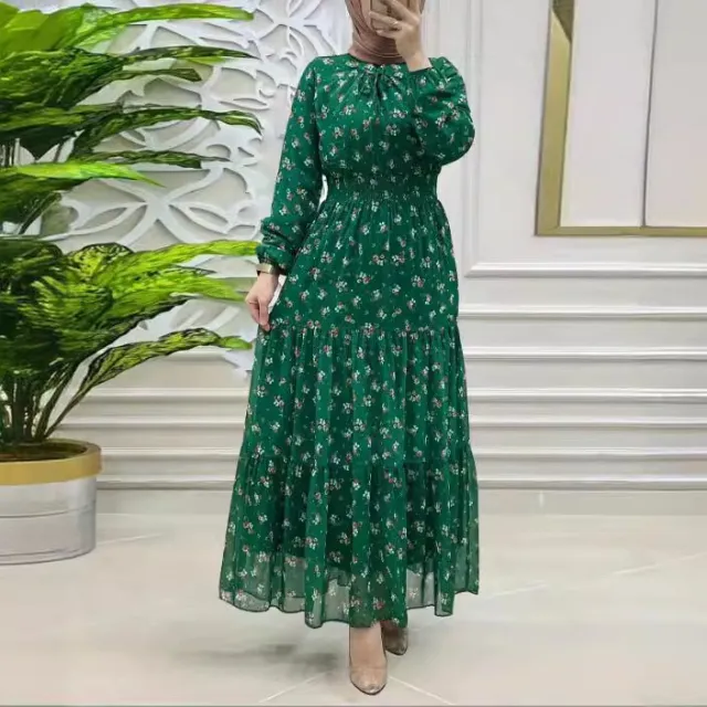 Women's Middle East Muslim Chiffon Flower Smocking Long Fashion Elegant Dress Dark Green - Shop at LoveMi