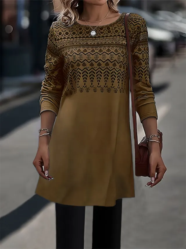 Women's Printed Long sleeved Mid length Knitted Top Brown - Shop at LoveMi