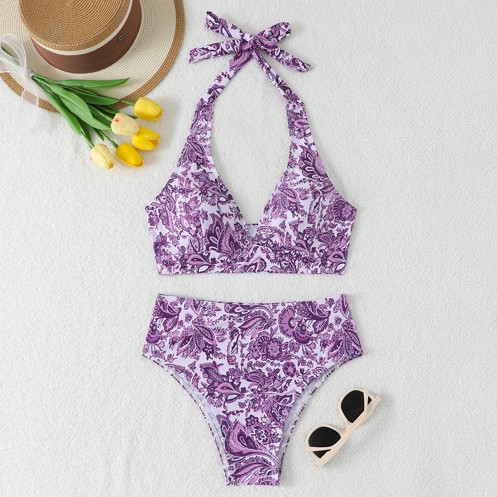 Womens Two-piece Swimsuit Fresh And Chic With Floral Print And Lace-up Details