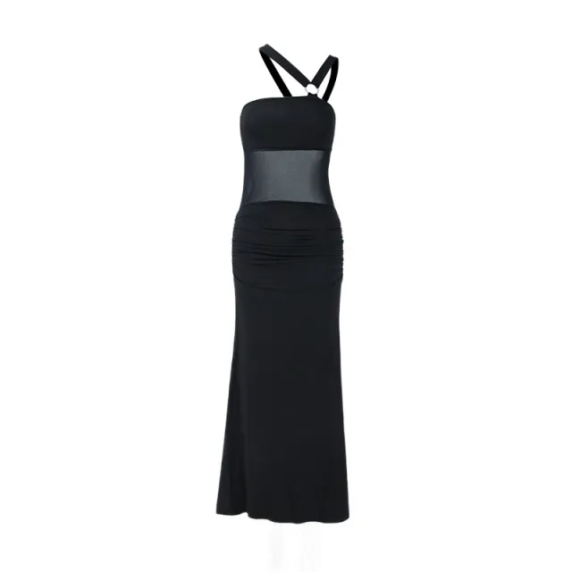 Irregular Off The Shoulder Bandeau Style Hugging Mesh Spliced Backless Dress Black - Shop at LoveMi