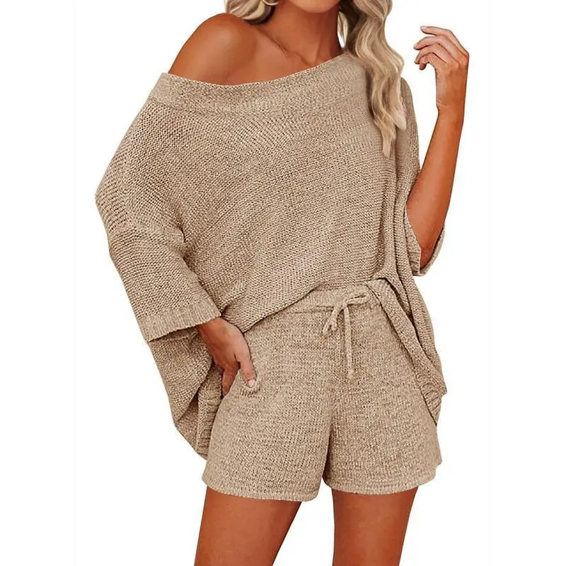 Women's Outfits Sweater Sets Off Shoulder Knit Top - Khaki