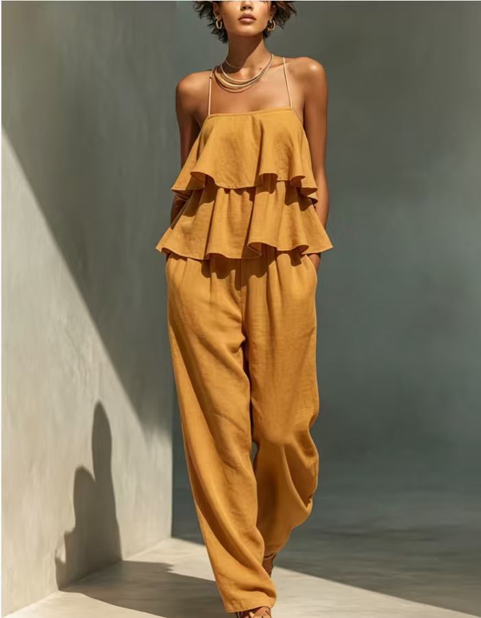 Women's Sleeveless Camisole and Casual Pants Set in Ginger Yellow – summer outfit