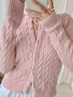 Retro Twist Knitted Cardigan Sweater Single breasted Casual Coat Pink - Shop at LoveMi