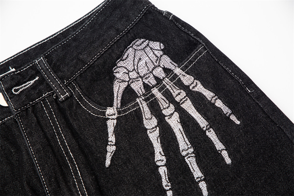 Title 5, Mens Dark Skeleton Embroidery Jeans, Comfortab...