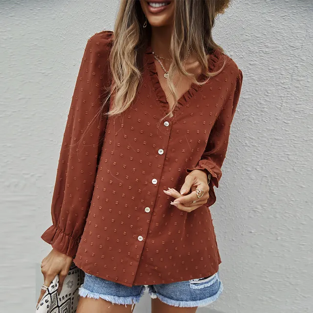 Women's Fashion Solid Color And V neck Loose Jacquard Long Sleeve Casual Shirt Top Red - Shop at LoveMi