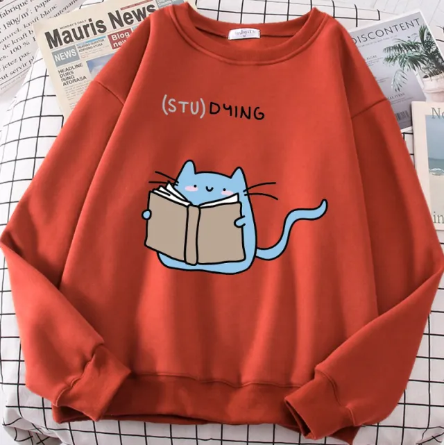European And American Crew Neck Casual Cartoon Printed Long sleeved Pullover Red - Shop at LoveMi
