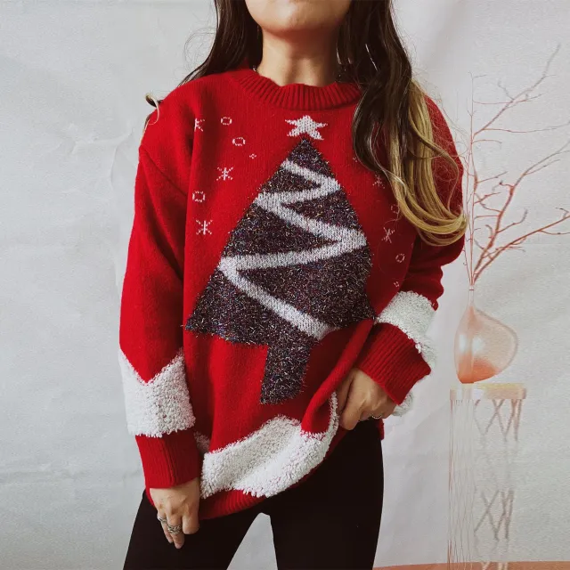 Women's Fashionable Round Neck Long Sleeve Loose Sweater Red - Shop at LoveMi
