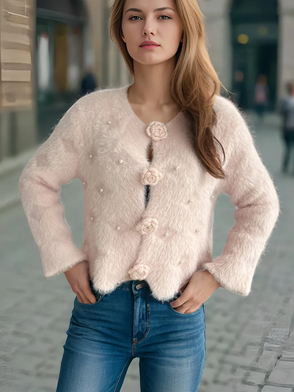 Beads Rhinestones Three-dimensional Flower Button Sweater - Pink