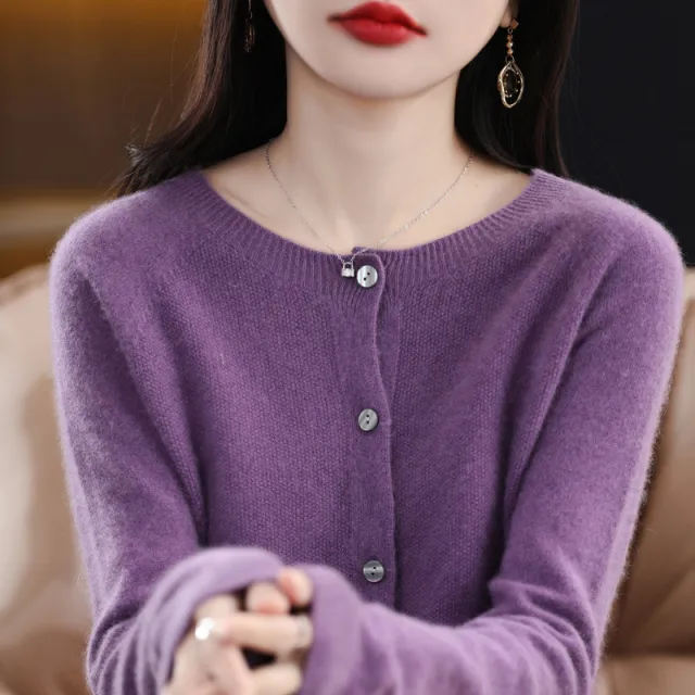 Women's Cashmere Cardigan O neck Loose Sweaters Top Fashion Merino Wool Knitwear Autumn Winter Female Clothing Tops Purple - Shop at LoveMi