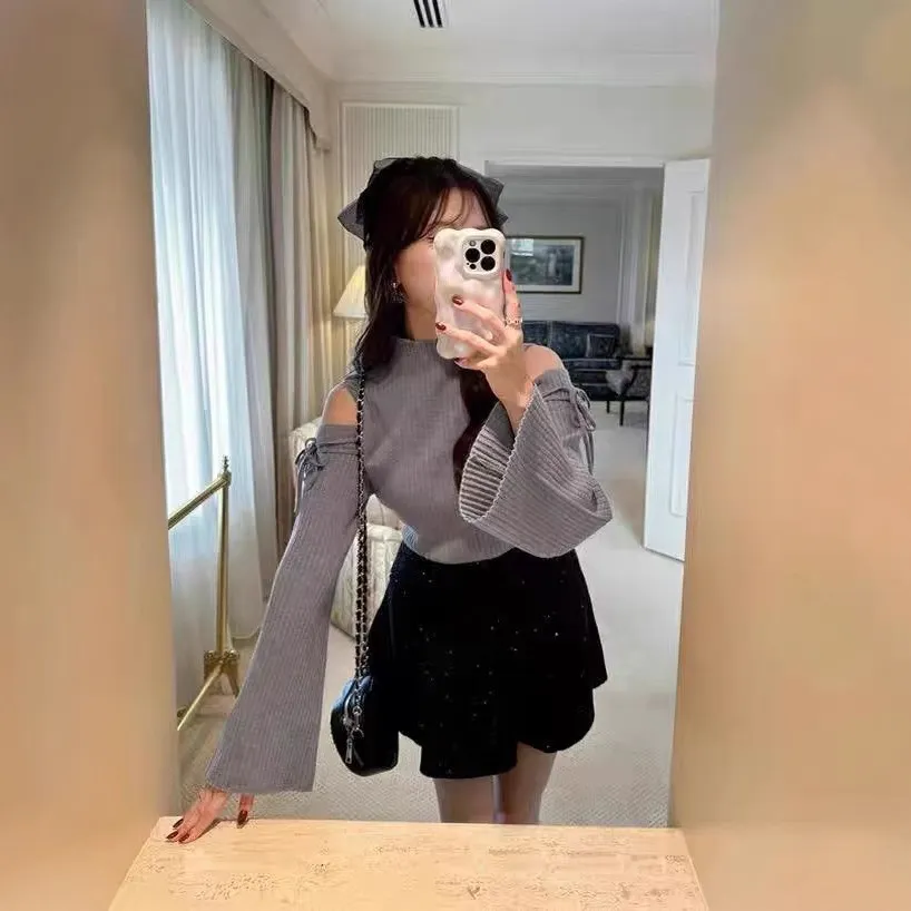 Lace-up Turtleneck Off-the-shoulder Tie-neck Flared Sleeves Sweater - Gray
