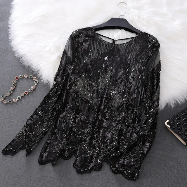 Petal Long Sleeve Beaded Sequins Slimming Lace Versatile Mesh Plus Size Top Black - Shop at LoveMi