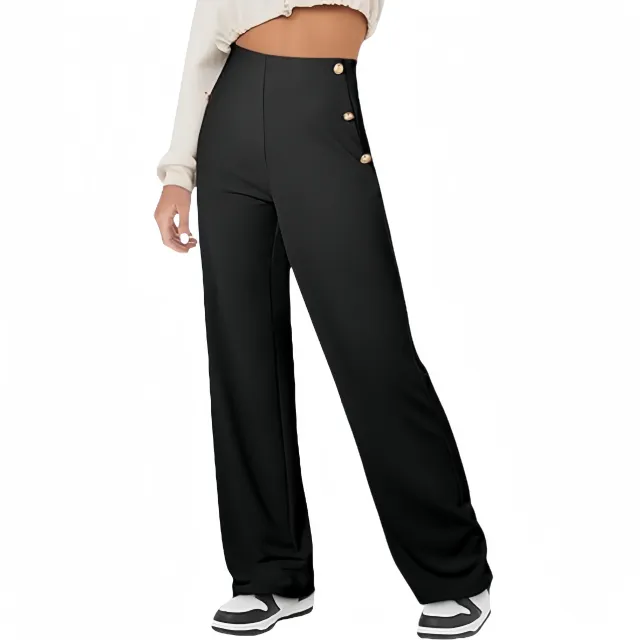 Women's Casual Straight Pants High Waist Button Black - Shop at LoveMi
