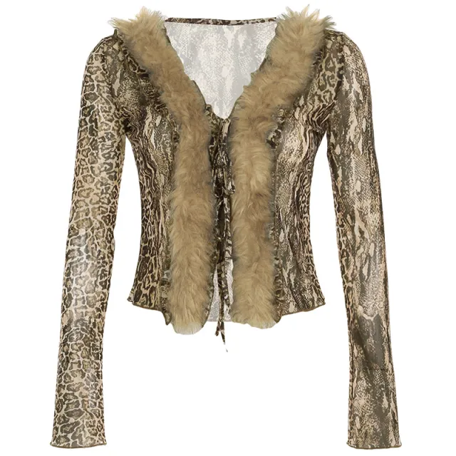 American Vintage Leopard Print Lace up Cardigan Top Brown - Shop at LoveMi