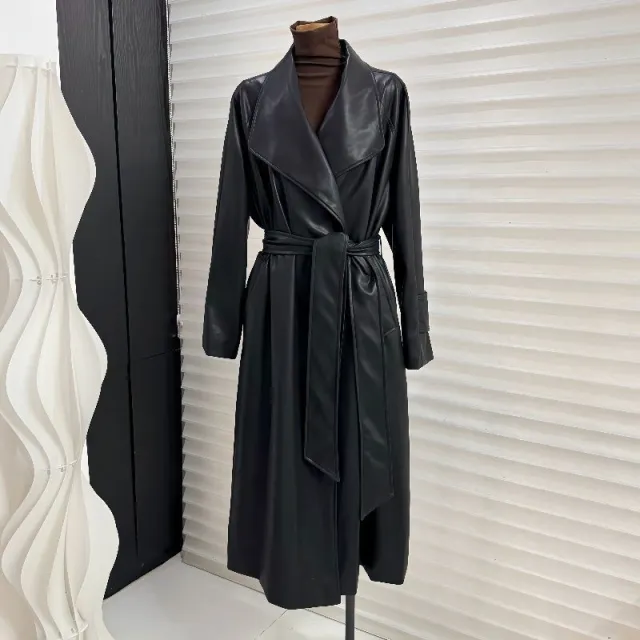 Lapel Mid length Leather Coat Women Black - Shop at LoveMi