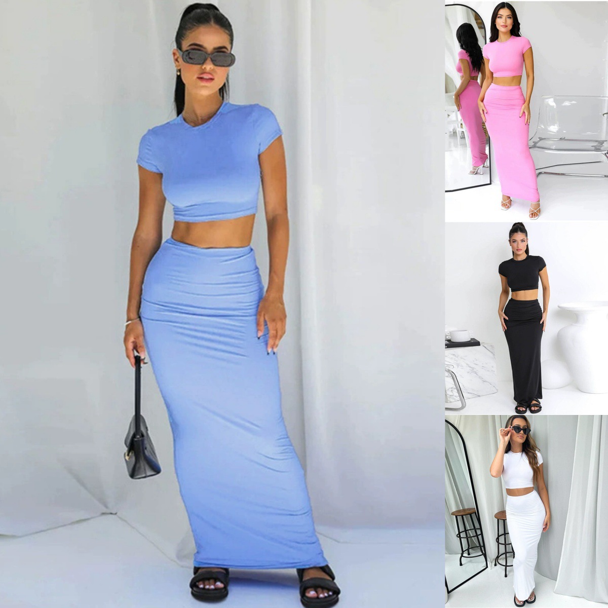 Womens Short Crop Top T-shirt And High-Waisted Sheath Skirt Set