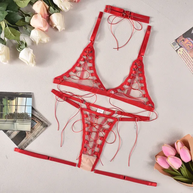 European And American Ins Fashion Mesh See through Bra Underwear Suit Red - Shop at LoveMi