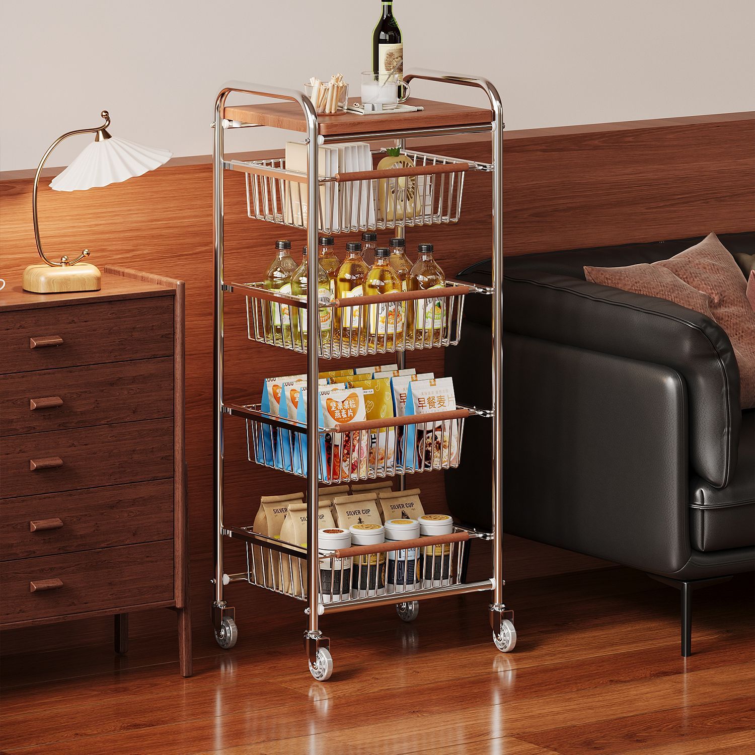 Multi-tier Pull-out Vegetable And Snack Basket Organizer With A Mobile Cart Frame